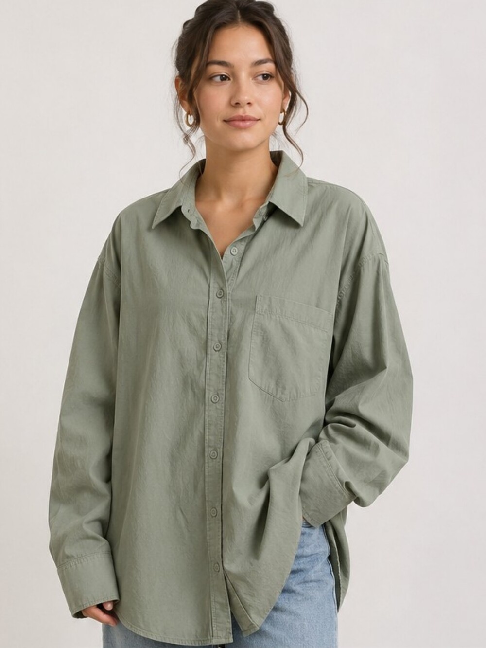 ZARA 100% Cotton Sage Green Khaki Baggy Oversized Women's Button Down Shirt Sz S